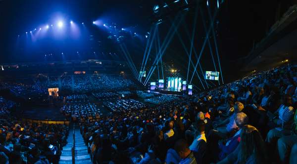 Wide angle view of the stage and audience